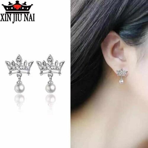 925 Silver Jewelry New Spike Crown Pearl Vintage Stud Earrings Earrings Real Genuine Charm Elegant Gemstone Female Earrings