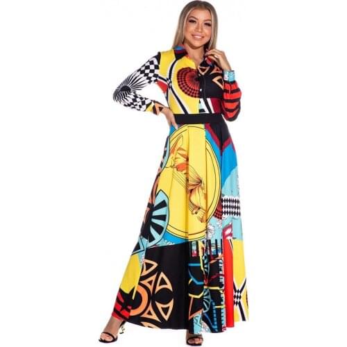 Fashion Printed Casual Women Long Sleeve Party Dress Turn Down Collar Big Swing Maxi Dress For Elegant Female 2021 Spring Summer