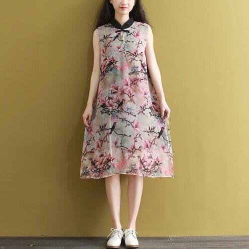 2021 cotton and linen womens short sleeve vestido qipao dress chinese style floral print chinese dress cheongsam qipao