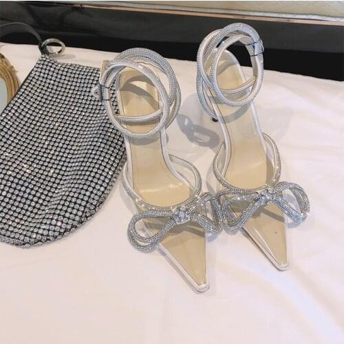 Rhinestones Bowknot 8cm Thin high heel Sandals Women Sweet Sexy PVC Jelly Pointed toe Stiletto ladies Summer banquet Party Shoes