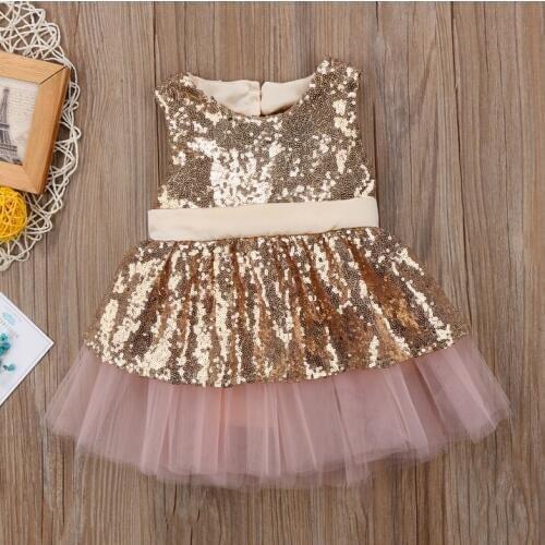 Kids Baby Girl Sequins Back Big Bowknot Dresses Sleeveless Gold Rose Red Princess Party Dress Ball Gown Formal Tutu Tulle Dress