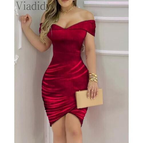 Woomen Elegant Chic Off Shoulder Velvet Ruched Party Dress