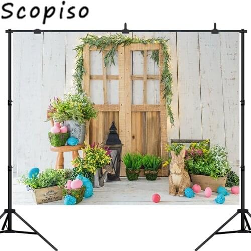 Scopiso Spring Easter Backdrop Retro Wooden Door Rabbit Flowers Eggs Party Banner Photography Photo Background Studio Prop