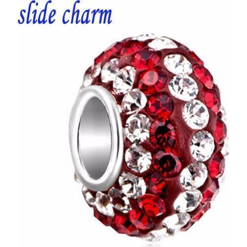 Slide charm Free shipping Valentines amulet red clay mixed white and red crystal charm beads fit Pandora bracelet