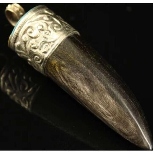 China Tibet collect old pure handmade yak horn tip wrapped Tibetsilver pendants