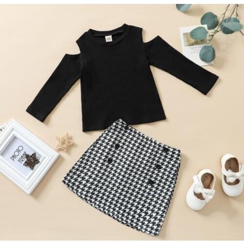 2 Pcs Infant Kids Casual Outfits Set Baby Cold-shoulder Solid Color Long Sleeve Round Neck Pullover T shirt Skirt Fall Clothing