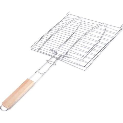 Iron Wire Grilling Basket Wood Handle BBQ Grill Basket Barbecue Basket Nonstick Fish Grilling Basket For Outdoor Camping