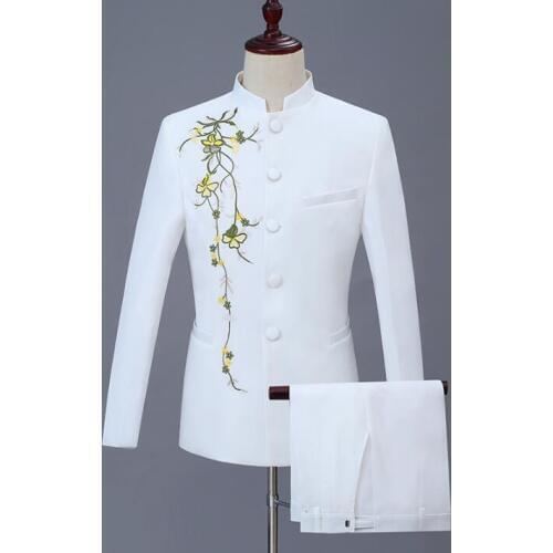 Singer stage clothing men Chinese tunic suit set with pants Ethnic mens wedding suits embroidery formal dress man stand collar