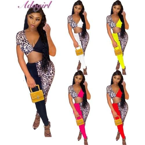 Summer Leopard Print 2 Piece Set Causal Patchwork V Neck Short Sleeve Crop Tops T-Shirt Leggings Pants Suit Streetwear Tracksuit