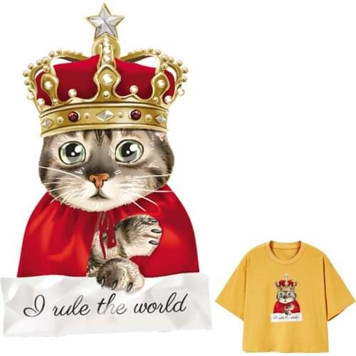 Cool Cat Stickers On Clothes Crown Cat Patch Washable Heat Transfer Patches For Clothes Fashion T-Shirt Sticker