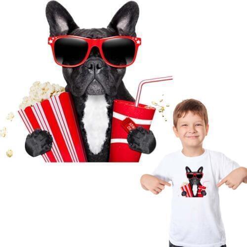 Popcorn And Drink Dog Decor Patch Eco-Friendly Washable Diy T-Shirt Clothing Stickers Transfer Iron-On Black French Dog