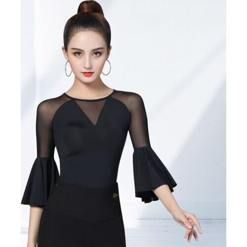 Latin dance clothes women tops practise costume modern sexy ballroom dancing ice silk flared sleeve dance practice clothes