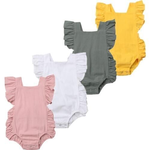 Newborn Infant Baby Girl Solid Ruffle Sleeveless Romper Jumpsuit Outfits Sunsuit