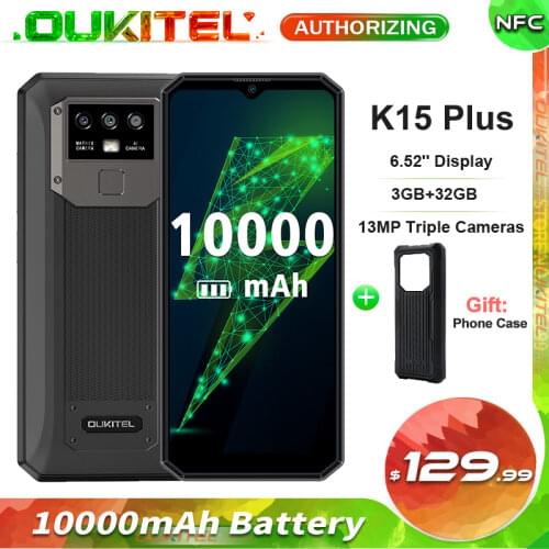 OUKITEL K15 Plus 6.52'' 10000mAh Smartphone 3GB+32GB Quad Core Android 10.0 Face ID Unlock 13MP Triple Cameras Mobile Phone NFC