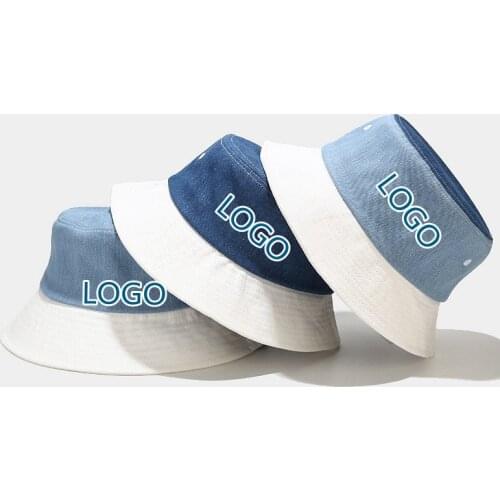 Custom Logo Foldable Fisherman Hat Patchwork Washed Denim Bucket Hats Women Outdoor Sunscreen Fishing Hunting Cap Men Sun Caps