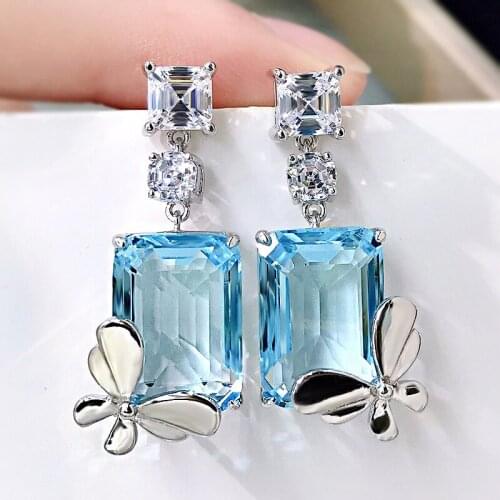 Real 925 Sterling Silver Simple Butterfly Drop Earrings Sparkling High Carbon Diamond Zircon Topaz Aquamarine Fine Jewelry