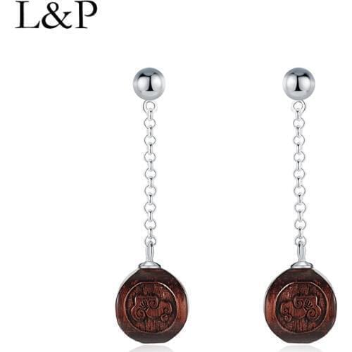 Retro Hand Carved Natural Sandalwood Real Silver Earrings For Lady Elegant Drop Earrings Fine Jewelry Engagement Christmas Gift