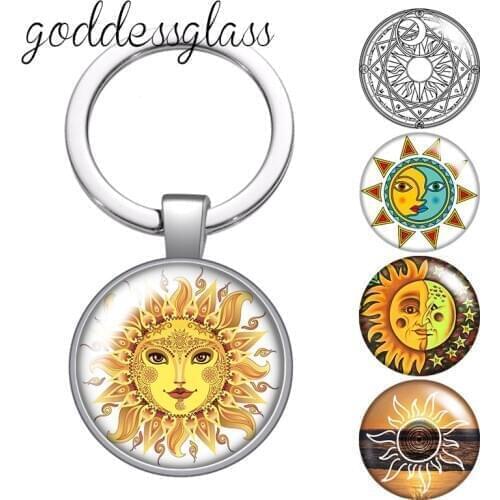 Sun and Moon Stars Beauty Round glass cabochon keychain Bag Car key chain Ring Holder Charms keychains Gifts