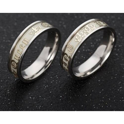 Luminous Titanium Steel Couple Ring Golden Crown Her King His Queen Husband and Wife Jewelry Anniversary Valentines Day Gift