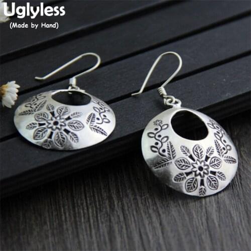Uglyless Real S 925 Sterling Silver Exotic Handmade Carved Flowers Dangle Earrings for Women Vintage Ethnic Brincos Fine Jewelry