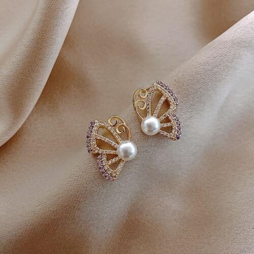 YAOLOGE Exquisite Rhinestone Insect Butterfly Animal Earrings Pearl Elegant Earrings Studs 2020 Statement Jewelry For Women