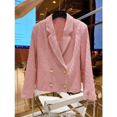 Autumn Luxury 2021FW Women Fashion Pink Tweed Jacket Coat For Female Double Breasted Overcoat Gdnz 6.30