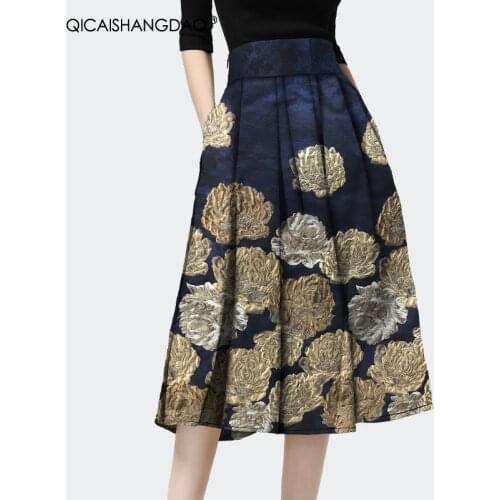 Pleated Jacquard Skirt Women 2020 Winter New High Waist A-Line Vintage Embroidered Floral Pocketed Elegant Casual Long Skirts