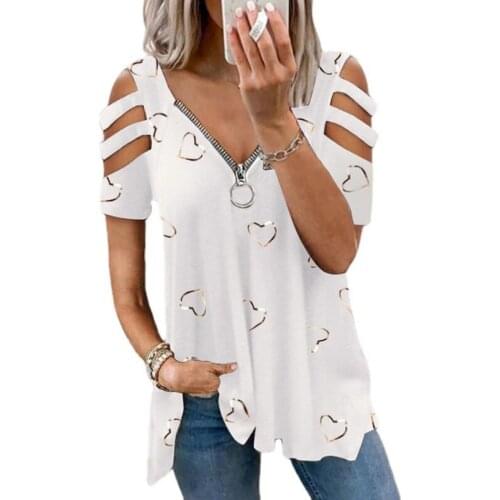 Women Shirt Loose Casual Short Sleeve V-Neck Zipper Love Printing T Shirts Fashion Off Shoulder Plus Size Tops