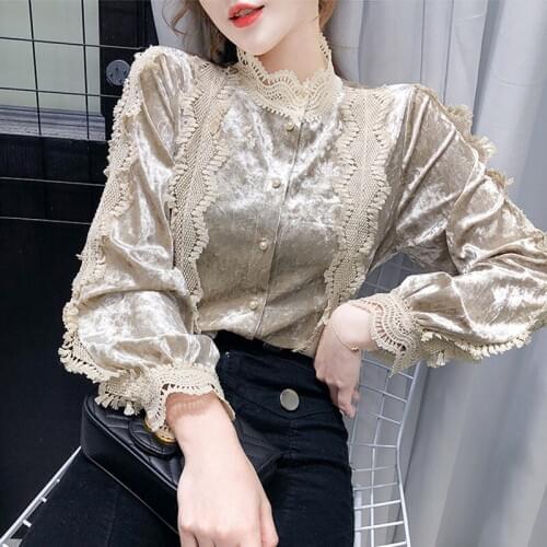 2020 Spring Korean Long Sleeve Women Clothes Gold Velvet Lace Hollow Out Women Tops Woman Fashion Women Blouse