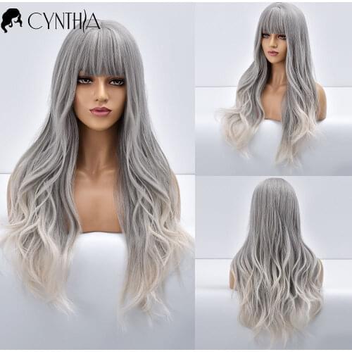 Women Ombre Grey To Gold Long Wavy Daily Synthetic Wigs With Bangs Natural Curly Heat Resistant Cosplay Blonde Fiber Wig