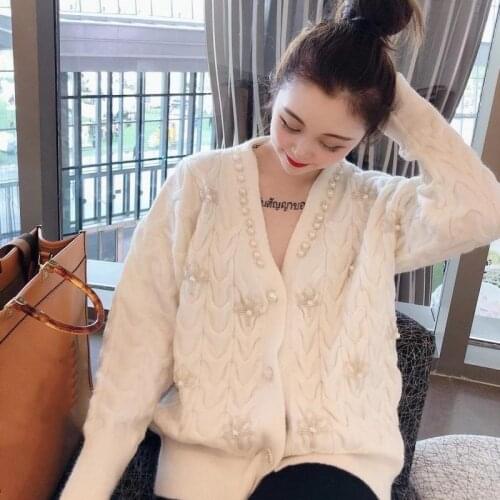 High Quality Women Luxury Beaded V-Neck Knitted White Cardigan Sweet Fashion Long-Sleeved Sweater Coat Christmas Clothes