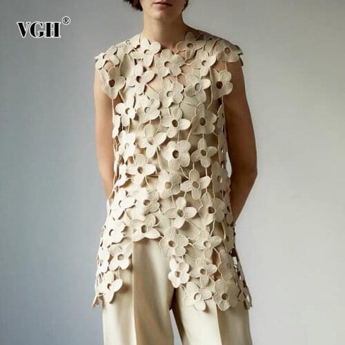 VGH Elegant Solid Embroidered Vests For Women O Neck Sleeveless Korean Straight Hollow Out Tank Tops Females 2021 Summer Fashion