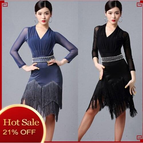 2019 New Latin Dance Competition Dress For Women’S Sexy Mesh Long Sleeved Fringe Dress Danse Latine Femme Gatsby Clothing DL4403