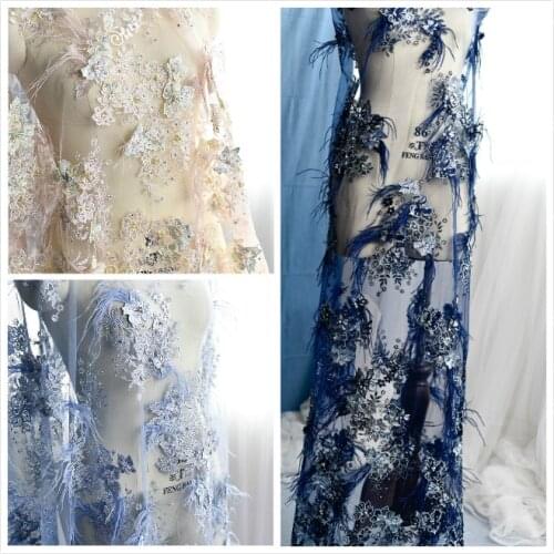 1 Yard 3D Flower African Beads Lace Fabrics Pink Navy Blue Nigerian French Lace Fabric 2017 High Quality Feather Tulle Fabric