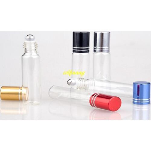 300pcs/lot Fast shipping 10ml High Quality Metal Roll on Bottles 10 CC Essential Oils clear Glass Roller Bottle 5 Colors
