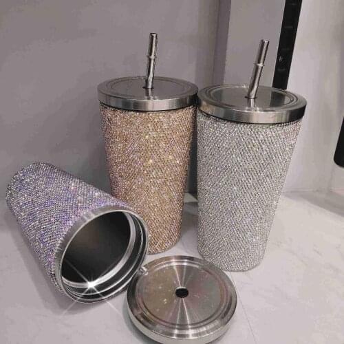 Diamond Water Bottle Stainless Steel Coffee Cup Vacuum Thermos Bottle Tumbler MUG Travel Lovely Water Bottle with Straw White