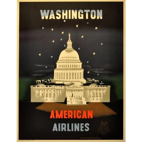 Washington American Airline Night View Retro Vintage Kraft Canvas Poster Wall Wood Alloy Frame Home Bar Posters Decor Gift