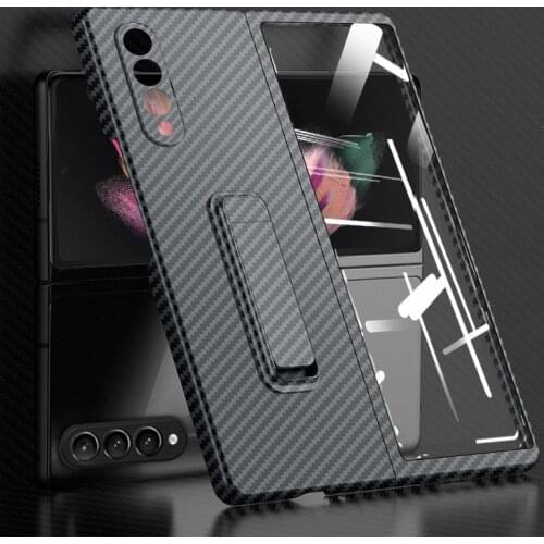 For Samsung Galaxy Z Fold 3 Case Carbon Fiber Texture PC Holder Case With Front Glass Screen Protector for Galaxy Z Fold3 5G