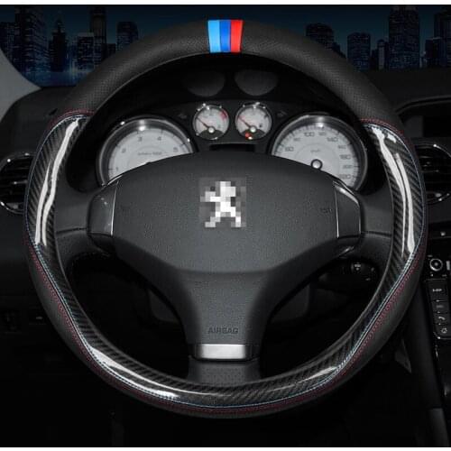Carbon Fiber Cow Leather Steering Wheel Cover For Peugeot 206 207 208 308 406 408 508 301 2019 2018 2017 2016