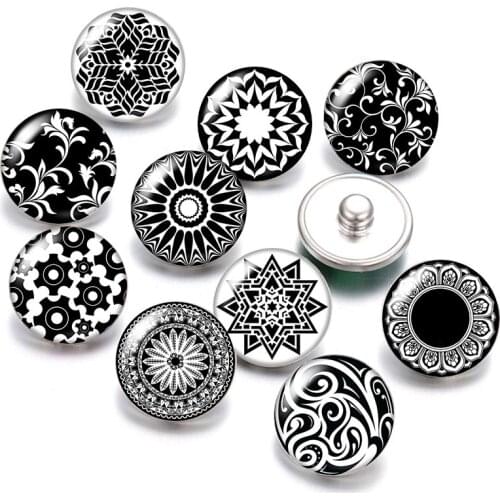 DB0462 Black pattern flowers 10pcs Round 18mm photo glass cabochon snap buttons for snap jewelry snap becklace wholesale