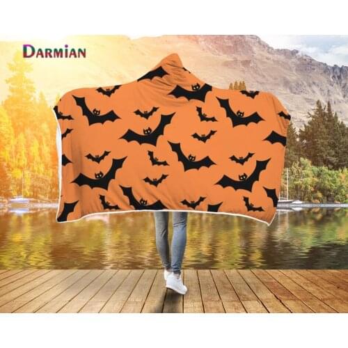 DARMIAN Halloween Black Bat Printed Comfort Soft Wearable Hooded Blankets Warm Fleece Sofa Bedroom Throw Blanket for Adult manta