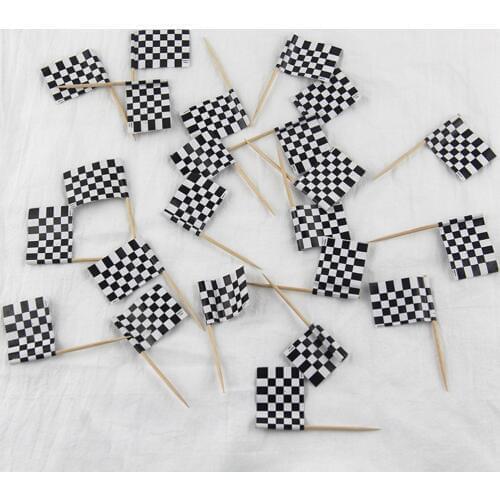24Pcs Racing Flags Birthday Cake Toppers Checkered Decorative Cupcake Picks Dessert Cake Decoration Topper for Wedding Party