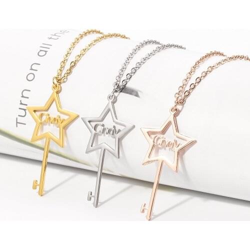 HUHUI Custom Name Necklace Personalized Five-pointed Star Key Pendant Stainless Steel Jewelry For Women Unisex Anniversary Gift