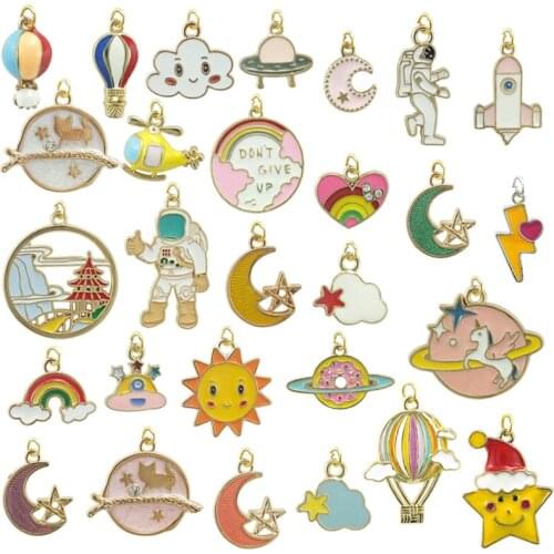 JINGLANG Mixed color alloy metal enamel pendant star moon flying saucer pendant pink bracelet earrings jewelry accessories 30pcs