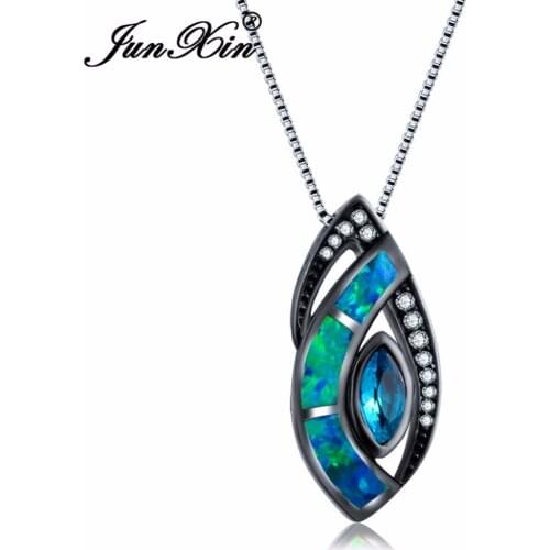 JUNXIN Unique Design White/Blue Fire Opal Necklace & Pendant Black Gold Filled Jewelry Vintage Wedding Necklaces For Women