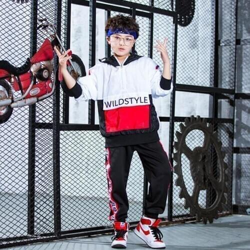 Girls Boys Ballroom Jazz Hip Hop Dance Costume Competition Cloth Set Loose Kids Dancing Clothing Outfits Hoodie Tops+ Pants
