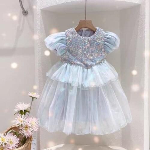Summer Princess Girls Dresses Puff Sleeve Sequin Patchwork Cake Clothes Birthday Party Wear Wedding Party Sweet Girls Dresses