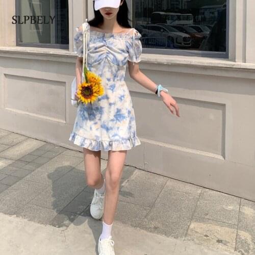 SLPBELY Summer Tie Dye Sling Dress Women Sexy French Dress Slash Neck Dress Chic Strapless Party Dress Trendy Vestido Sundress