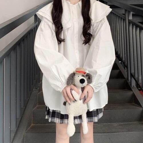 Sweet Long-Sleeve Women Shirt Kawaii Peter Pan Collar Top Harajuku Japanese Girly Solid Blouse Summer All-Match Female Clothing