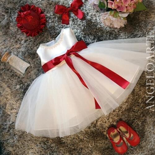 New Flower Girls Dresses Children Sleeveless Beading Tulle Party Wedding Dress with Red Ribbon Formal Princess Dress